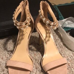 Pink heels with pearl ankle straps